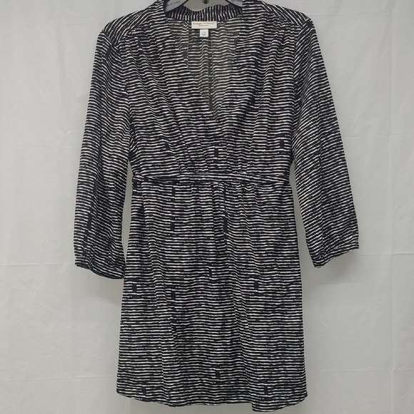 Liz Lange Maternity Tunic Top Large Black White Striped V Neck Belted Empire Wst - Picture 1 of 8